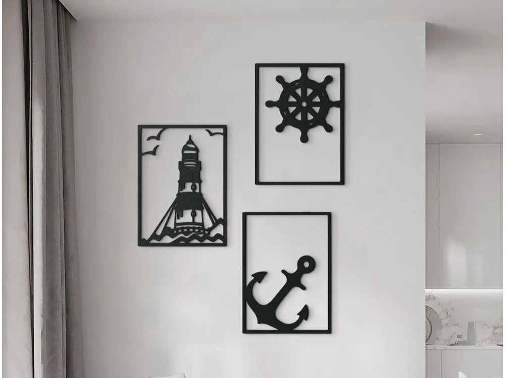 3-teiliges Bild LEUCHTTURM, ANKER UND STEUERRAD Kracherpreis