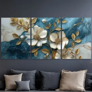 Dreiteiliges Bild Goldene Blume in Marmor Nur Für Kurze Zeit