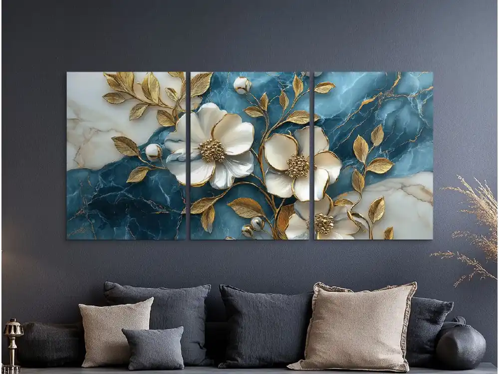 Dreiteiliges Bild Goldene Blume in Marmor Nur Für Kurze Zeit