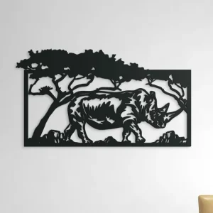 Echt Holzbild NASHORN IN DER SAVANNE