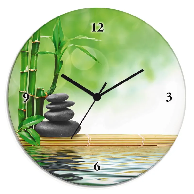 Spa Konzept Zen Basaltsteine Wanduhr auf Glas Ø 30 cm Preisreduziert