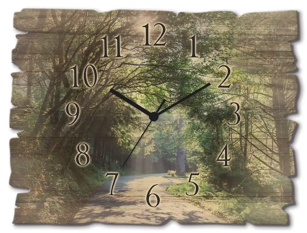 Sonniger Wald Wanduhr auf Holz 40x30 cm Echt
