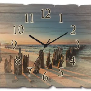 Sonnenuntergang Strand Wellenbrecher Wanduhr auf Holz 40x30 cm Top-Angebot