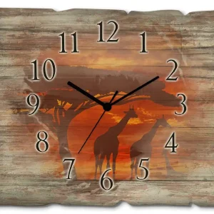 Solange Der Vorrat Reicht Herde von Giraffen im Sonnenuntergang Wanduhr auf Holz 40x30 cm