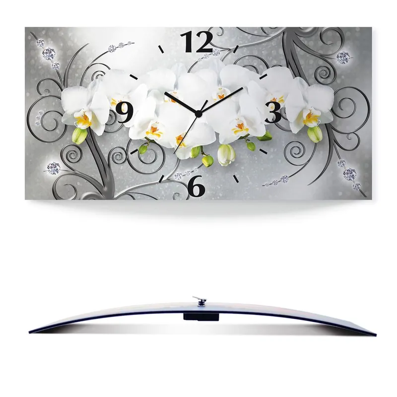 Schneller Versand weiße Orchideen auf Ornamenten Wanduhr auf Alu, gebogen 50x25 cm