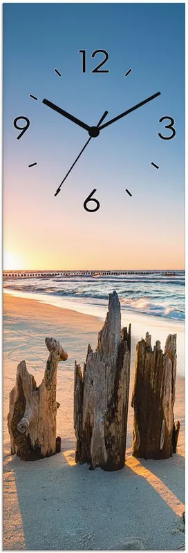 Top-Angebot Sonnenuntergang Strand Wellenbrecher Wanduhr auf Glas 20x60 cm