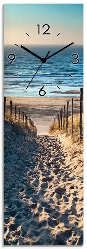 Weg zum Nordseestrand Sonnenuntergang Wanduhr auf Glas 20x60 cm Garantierte Lieferung