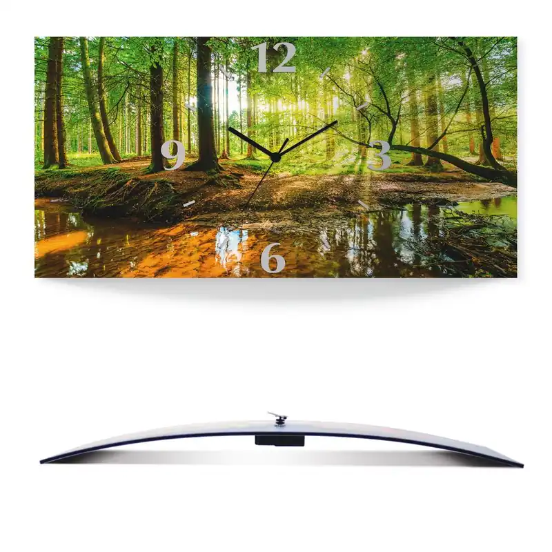Finale Aktion Wald mit Bach Wanduhr auf Alu, gebogen 50x25 cm
