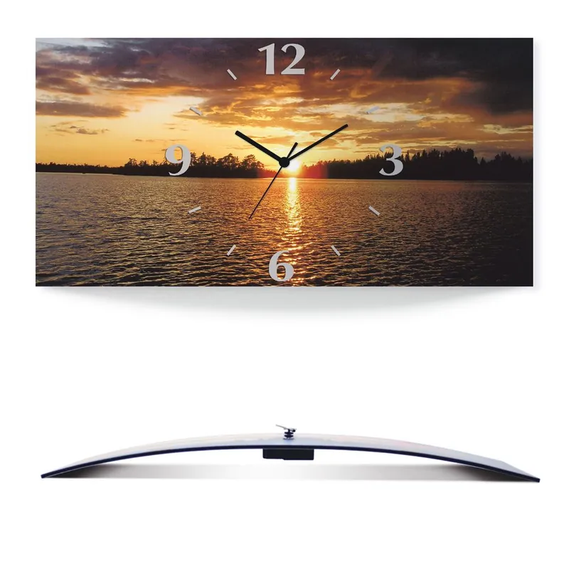 Expressversand Sonnenuntergang am See Wanduhr auf Alu, gebogen 50x25 cm