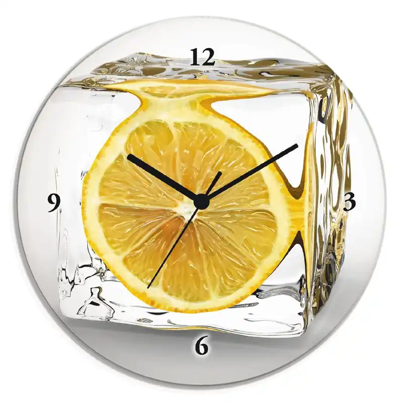 Zitrone im Eiswürfel Wanduhr auf Glas Ø 30 cm Must-Have