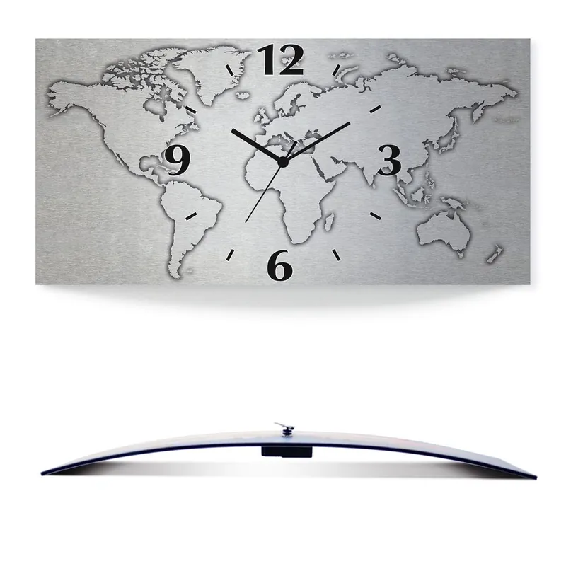 Weltkarte Wanduhr auf Alu, gebogen 50x25 cm Markenprodukt