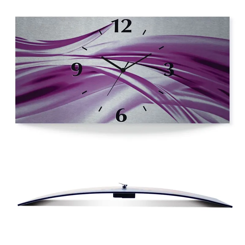Bestseller Schöne violette Welle - Abstrakt Wanduhr auf Alu, gebogen 50x25 cm