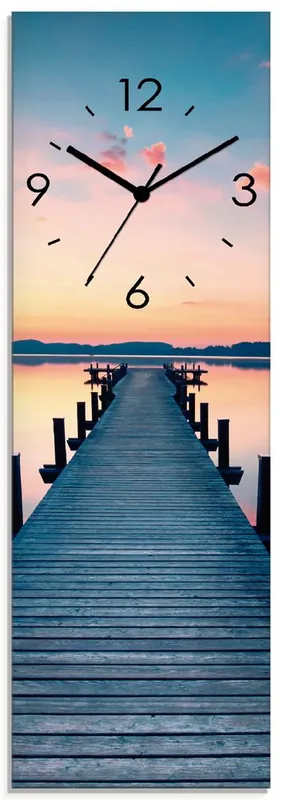 Sonderaktion Langer Pier am See im Sonnenaufgang Wanduhr auf Glas 20x60 cm