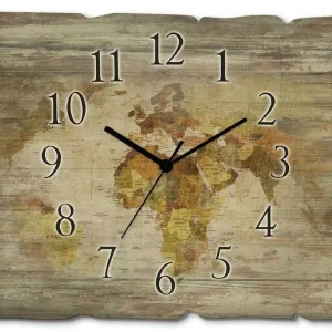 Weltkarte Wanduhr auf Holz 40x30 cm Abverkauf