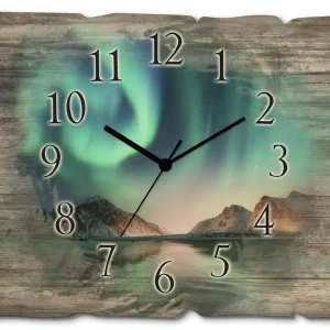 Begrenztes Angebot Auroraborialis - Nördliches Polarlicht Wanduhr auf Holz 40x30 cm
