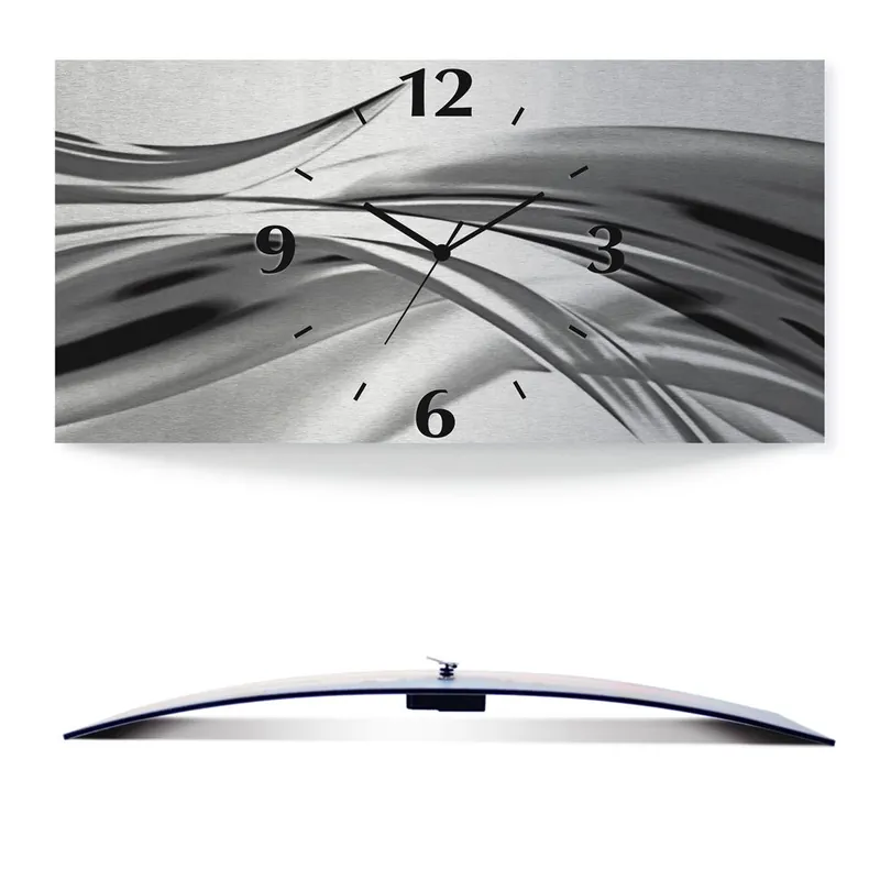 Schöne graue Welle - Abstrakt Wanduhr auf Alu, gebogen 50x25 cm Sofort Bestellen