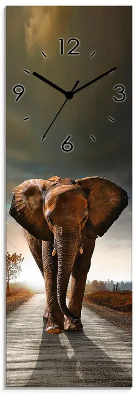 Sichere Zahlung Ein Elefant läuft auf der Straße Wanduhr auf Glas 20x60 cm