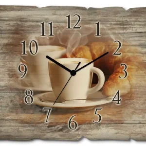Dampfender Cappuccino und Croissant Wanduhr auf Holz 40x30 cm Preisreduziert