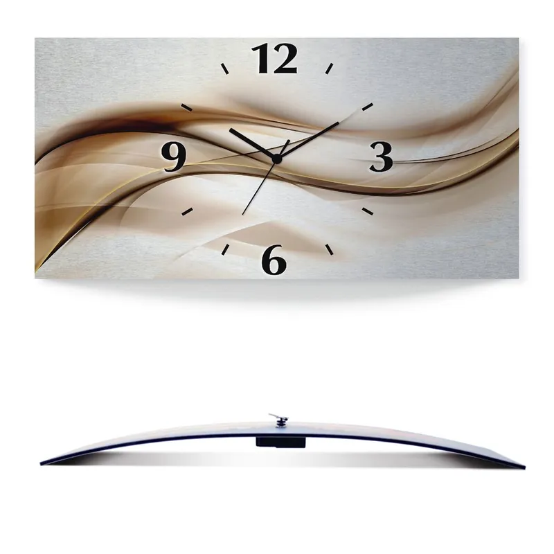 Schneller Versand Braune abstrakte Welle Wanduhr auf Alu, gebogen 50x25 cm
