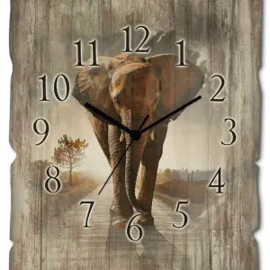 Ein Elefant läuft auf der Straße Wanduhr auf Holz 30x40 cm Echt