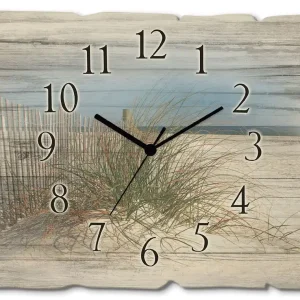 Schöne Sanddüne mit Gräsern und Zaun Wanduhr auf Holz 40x30 cm Nur Heute