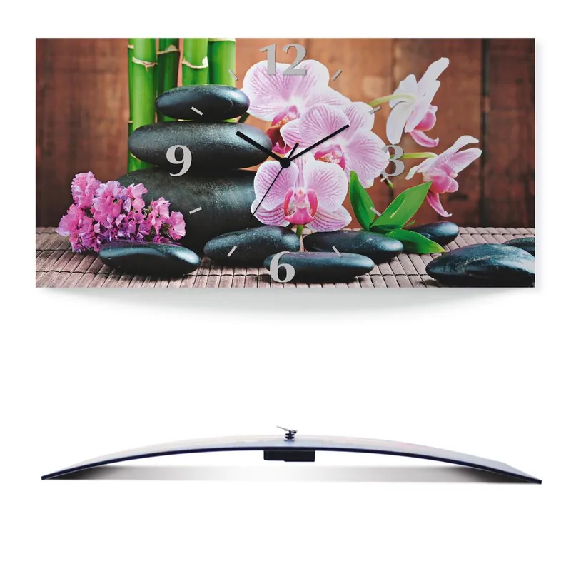 Sonderangebot Spa Konzept Zen Steinen Orchideen Wanduhr auf Alu, gebogen 50x25 cm