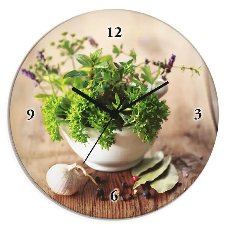 Geprüft Verschiedene Kräuter - Küche Wanduhr auf Glas Ø 30 cm