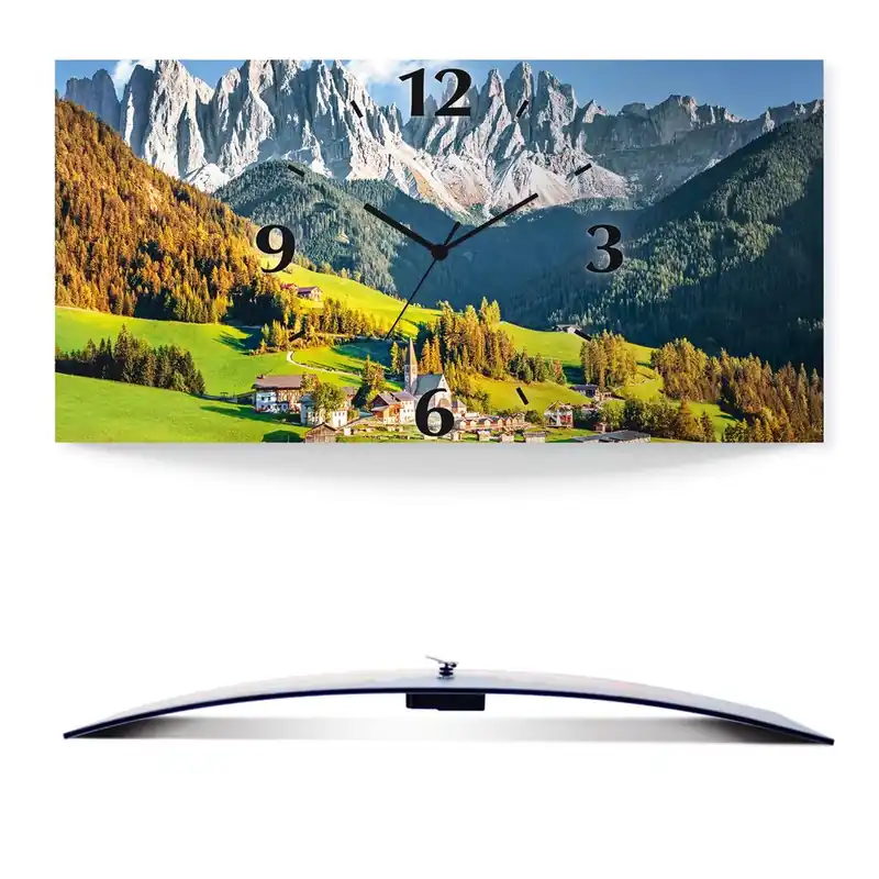 Knallerangebot Alpen Berge Santa Maddalena Wanduhr auf Alu, gebogen 50x25 cm