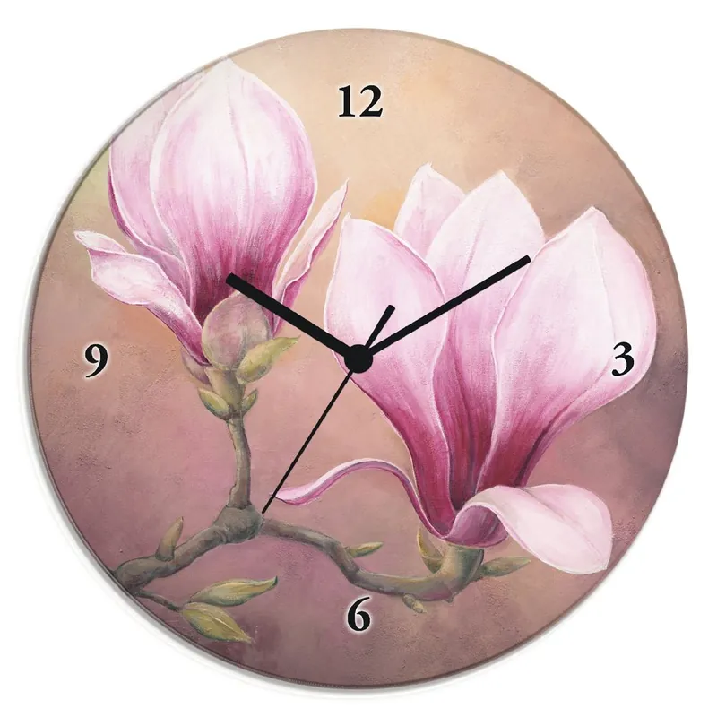 Highlight Späte Magnolie Wanduhr auf Glas Ø 30 cm