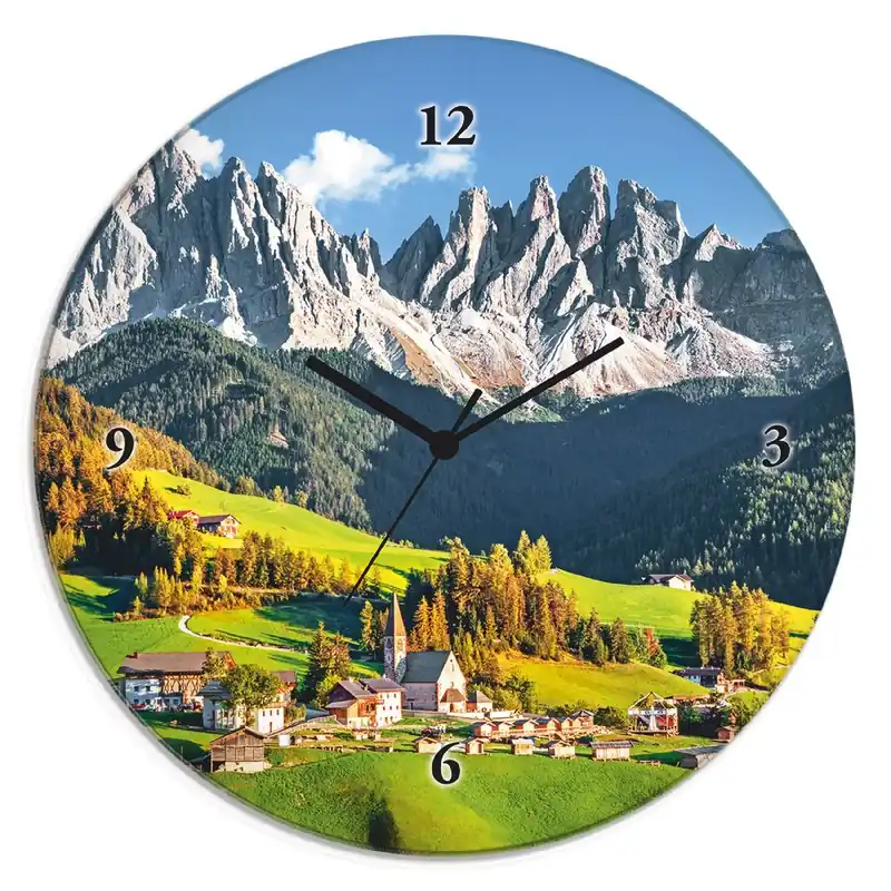 Preiswert Alpen Berge Santa Maddalena Wanduhr auf Glas Ø 30 cm