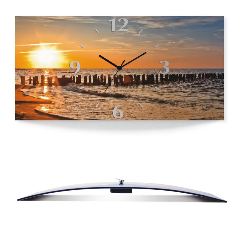 Schöner Sonnenuntergang am Strand Wanduhr auf Alu, gebogen 50x25 cm Sale