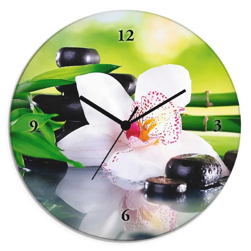Spa Steine Bambus Zweige Orchidee Wanduhr auf Glas Ø 30 cm Begrenztes Angebot