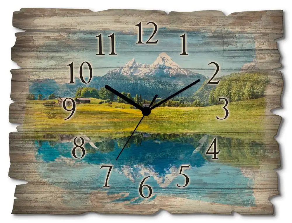 Landschaft in den Alpen T9QB Wanduhr auf Holz 40x30 cm Rabatt