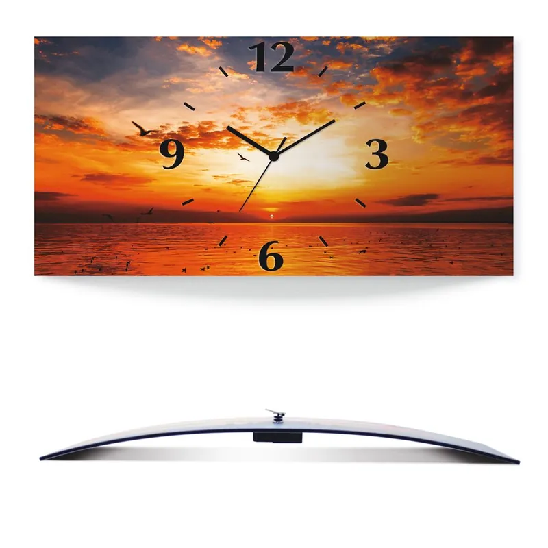 Bestpreis Sonnenuntergang am Strand Wanduhr auf Alu, gebogen 50x25 cm