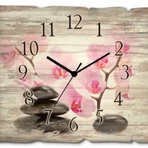 Top-Angebot Schwarze Steine und pink Orchidee T6BI Wanduhr auf Holz 40x30 cm