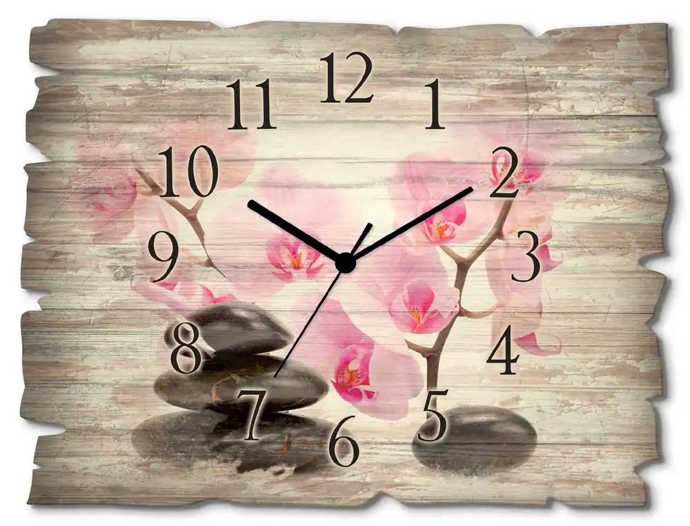 Top-Angebot Schwarze Steine und pink Orchidee T6BI Wanduhr auf Holz 40x30 cm