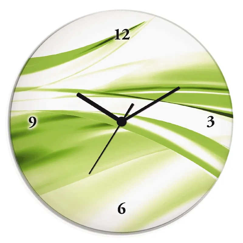 Schöne grüne Welle - Abstrakt Wanduhr auf Glas Ø 30 cm Bestpreis