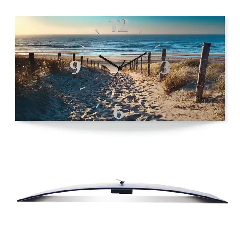 Finale Aktion Weg zum Nordseestrand Sonnenuntergang Wanduhr auf Alu, gebogen 50x25 cm