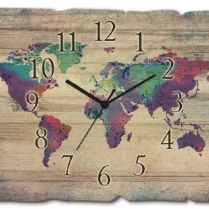 bunte Weltkarte Wanduhr auf Holz 40x30 cm Markenprodukt