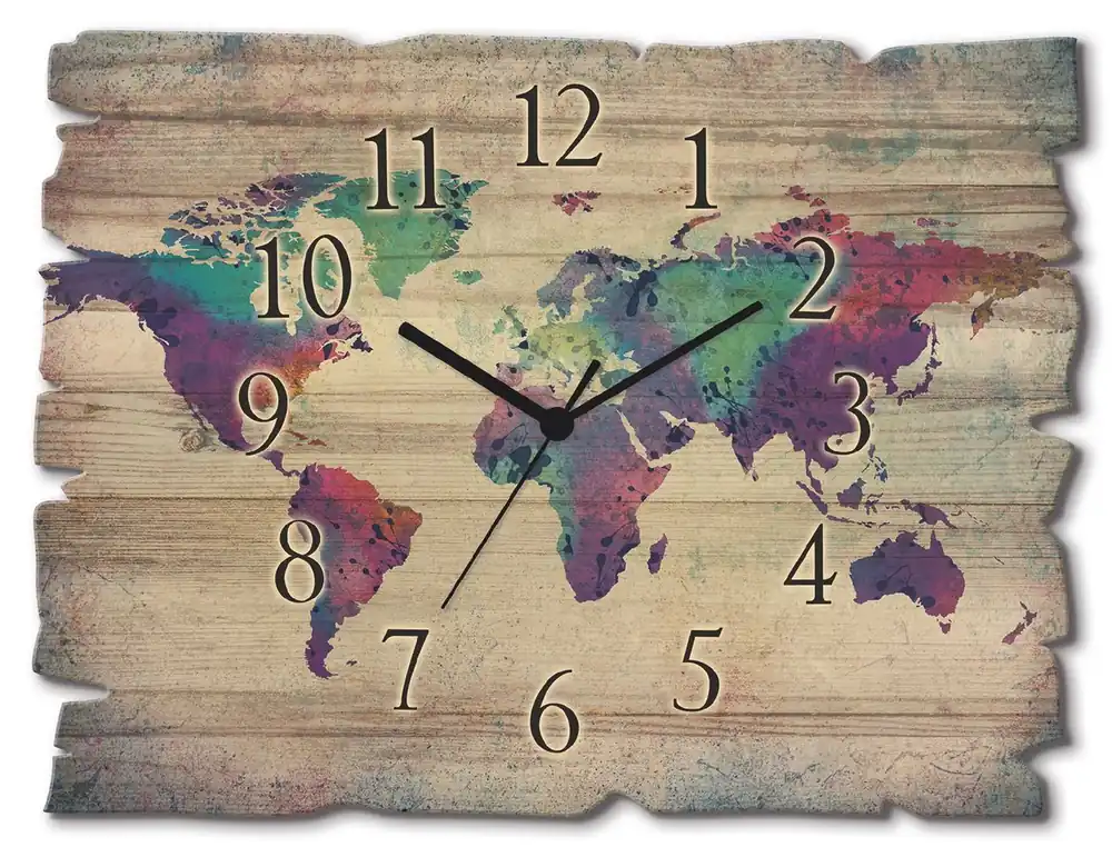 bunte Weltkarte Wanduhr auf Holz 40x30 cm Markenprodukt