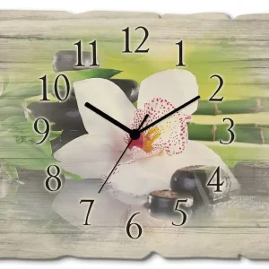 Spa Steine Bambus Zweige Orchidee Wanduhr auf Holz 40x30 cm Schnäppchen