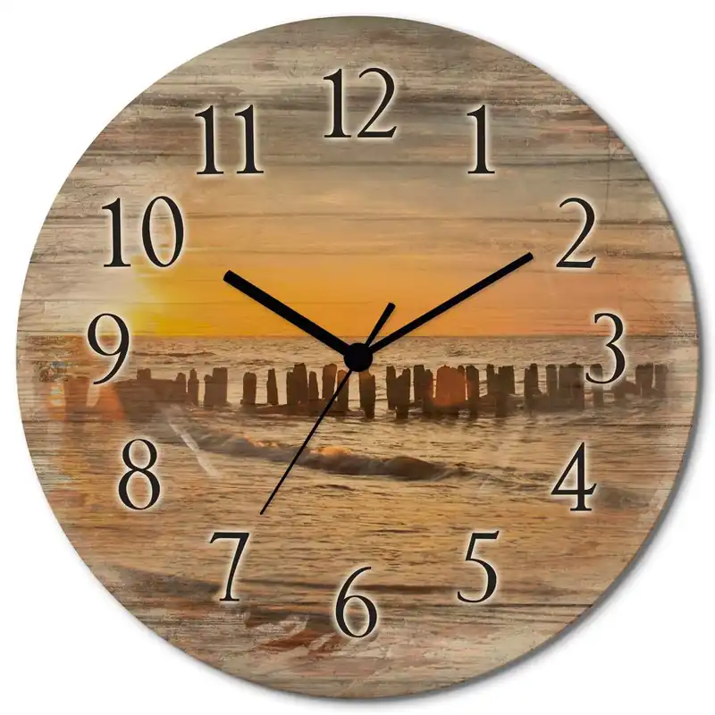 Schöner Sonnenuntergang am Strand T3ZU Wanduhr auf Holz Ø 30 cm Expressversand