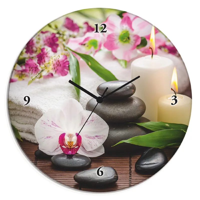 Sichere Zahlung Spa Orchideen Bambus Kerze Wanduhr auf Glas Ø 30 cm