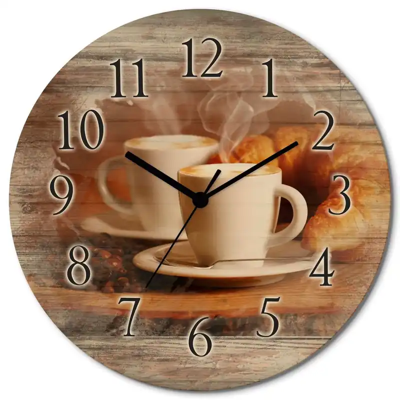 Dampfender Cappuccino und Croissant T5XO Wanduhr auf Holz Ø 30 cm Gratis Versand