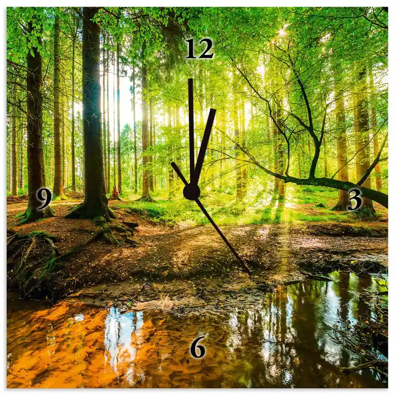 Schnäppchen Wald mit Bach T9IO Wanduhr auf Alu 30x30 cm