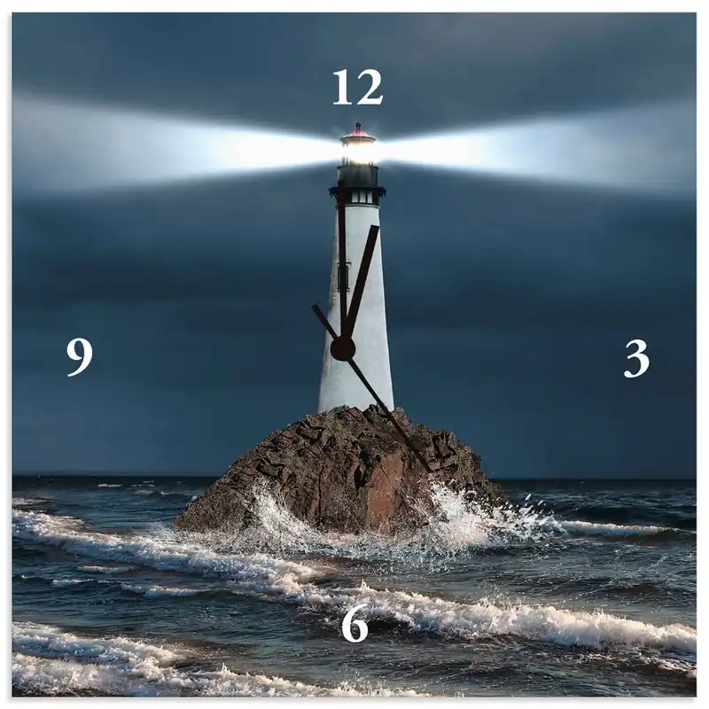 Bild von Leuchtturm mit Lichtstrahl T5GP Wanduhr auf Alu 30x30 cm Wochenendangebot