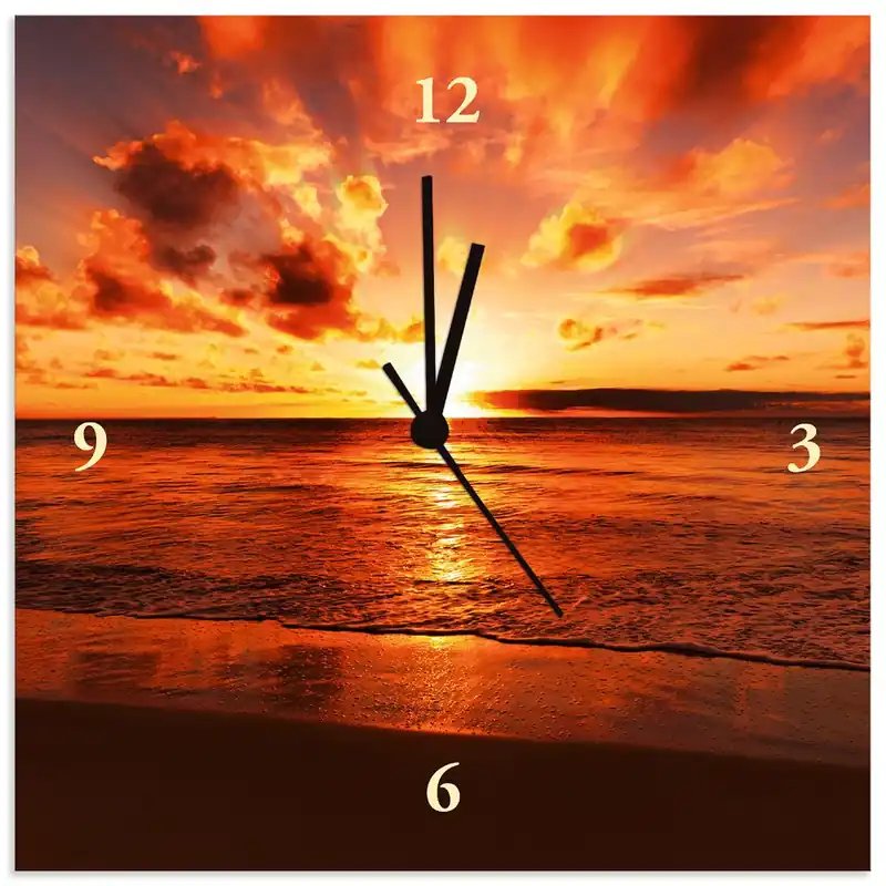 Schöner Sonnenuntergang Strand T5MR Wanduhr auf Alu 30x30 cm Direktkauf