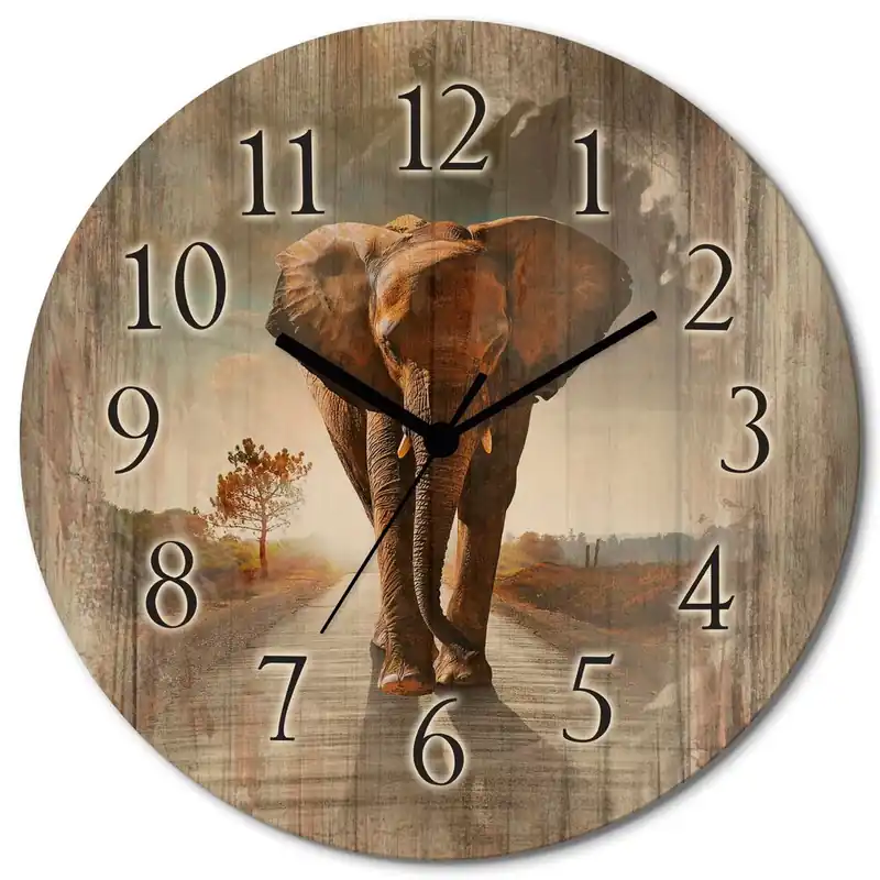 Garantierte Lieferung Ein Elefant läuft auf der Straße T9QO Wanduhr auf Holz Ø 30 cm