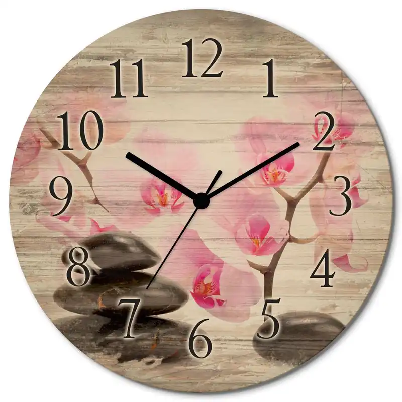Schwarze Steine und pinke Orchidee T6BI Wanduhr auf Holz Ø 30 cm Saisonangebot