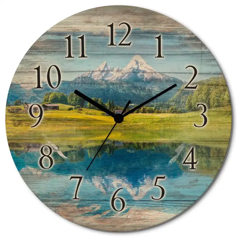 Ausverkauf Landschaft in den Alpen T9QB Wanduhr auf Holz Ø 30 cm